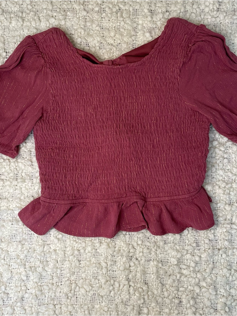 Franki Girls' Smocked Peplum Top in Rosewood with Subtle Metallic Thread Size 14